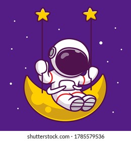 Cute Astronaut Swing On The Moon Cartoon Vector Icon Illustration. People Science Space Icon Concept Isolated Premium Vector. Flat Cartoon Style