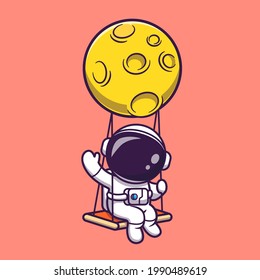 Cute Astronauten Swing auf Mond und Waving Hand Cartoon Vektorsymbol Illustration. Science Technology Icon Konzept isolierter Premium-Vektorgrafik. Flachbildkartonstil