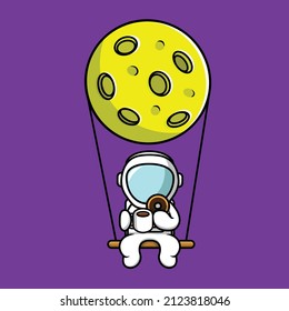 Cute Astronaut Swing On The Moon With Eat Doughnut And Drink Hot Coffee Cartoon Vector Icon Illustration. Science Food Icon Concept Isolated Premium Vector. Flat Cartoon Style