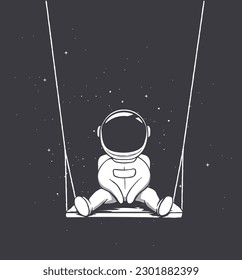 Cute astronaut swinging on a board in outer space