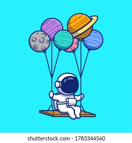 Cute Astronaut Swinging With Planets Cartoon Vector Icon Illustration. Space Astronaut Icon Concept Isolated Premium Vector. Flat Cartoon Style