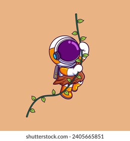 Cute Astronaut Swinging With Root Rope In Jungle. Science Technology Icon Concept of illustration