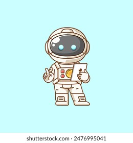 Cute astronaut with tablet kawaii chibi character mascot illustration outline style