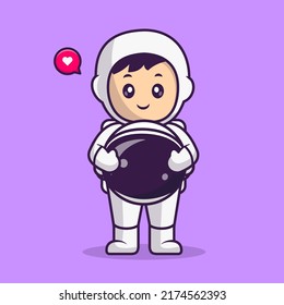 Cute Astronaut Take Off Helmet Cartoon Vector Icon Illustration. Science Technology Icon Concept Isolated Premium Vector. Flat Cartoon Style