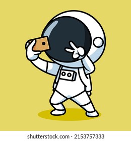 Cute Astronaut take a selfie Cartoon Vector Icon Illustration. Science Technology Icon Concept Isolated Premium Vector. Flat Cartoon Style