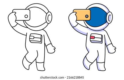 cute astronaut take a selfie coloring page for kids