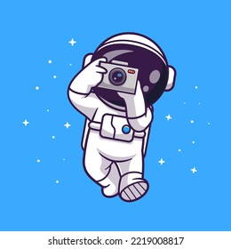 Cute Astronaut Taking Picture With Camera In Space Cartoon Vector Icon Illustration. Science Technology Icon Concept Isolated Premium Vector. Flat Cartoon Style