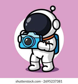 Cute Astronaut Taking Picture with Camera Cartoon Illustration for Photography and Hobby Concept