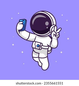 Astronauta Aburrido Tomando Selfie Con El Teléfono En El Espacio Ilustración Del Vector De Caricaturas. Concepto de icono de la tecnología de la ciencia Vector Premium aislado. Estilo de dibujo plano