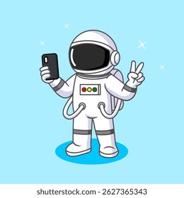 Astronauta bonito tirando uma selfie no espaço com um sinal de paz Vetor Ilustração Desenho Animado