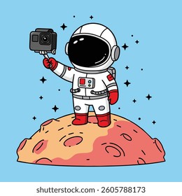 Cute astronaut taking selfie using action camera cartoon illustration