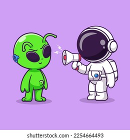 Cute Astronaut Talking To Alien with Megaphone Cartoon Vector Icon Illustration. Science Technology Icon Concept Isolated Premium Vector. Flat Cartoon Style