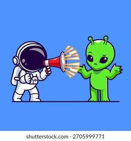 Cute Astronaut Talking To Alien With Megaphone Cartoon Vector Illustration. Science Technology Icon Concept Isolated Premium Vector. Flat Cartoon Style