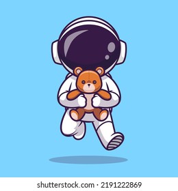 Cute Astronaut With Teddy Bear Doll Cartoon Vector Icon Illustration Science Technology Icon Concept Isolated Premium Vector. Flat Cartoon Style