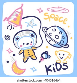 Ursinho de pelúcia astronauta bonito no espaço no vetor de ilustração de fundo branco.