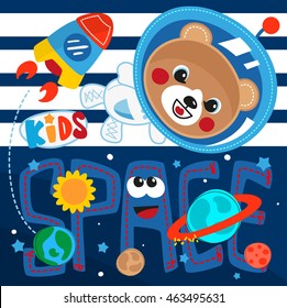 Cute astronaut teddy bear in space on white background illustration vector.