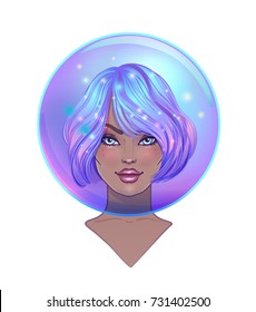 Cute astronaut. Teen girl in space hermomelem, dyed purple hair and stars. Kawaii gothic inspired. Hipster, pastel goth, vibrant colors. Isolated vector illustration. Fantasy, space traveling concept.