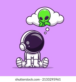 Cute Astronaut Thinking Of Alien Cartoon Vector Icon Illustration. Science Technology Icon Concept Isolated Premium Vector. Flat Cartoon Style