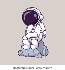 Cute Astronaut Thinking On Rock Cartoon Vector Icon Illustration Science Technology Icon Concept Isolated Premium Vector. Flat Cartoon Style