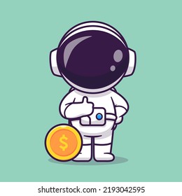 Der Cute Astronaut stockt das WIth Gold Coin Cartoon Vektorsymbol Illustration Science Business Icon Concept Isolated Premium Vector auf. Flachbildkartonstil