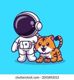 Cute Astronaut With Cute Tiger Cartoon Vector Icon Illustration. Animal Science Icon Concept Isolated Premium Vector. Flat Cartoon Style