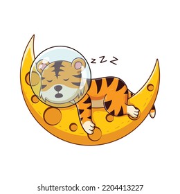 Cute Astronaut Tiger Sleeping on The Moon Cartoon. Animal Icon Concept. Flat Cartoon Style. Suitable for Web Landing Page, Banner, Flyer, Sticker, Card