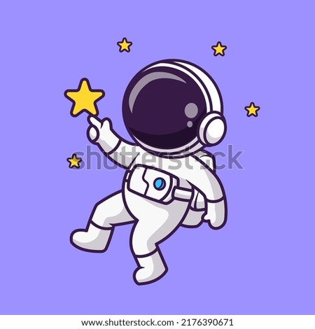 Cute Astronaut Touching Star In Space Cartoon Vector Icon Illustration. Science Technology Icon Concept Isolated Premium Vector. Flat Cartoon Style