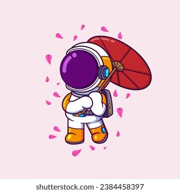 Cute Astronaut with traditional Japanese umbrella Cartoon character of illustration