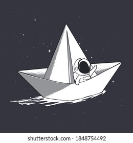 cute astronaut travel on paper boat in space.Vector illustration.