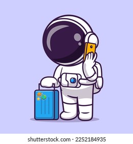 Cute Astronaut Reisen mit Koffer und Telefon Cartoon Vektorsymbol Illustration. Science Holiday Icon Konzept isolierter Premium-Vektorgrafik. Flachbildkartonstil