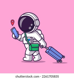 Cute Astronaut Traveling with Suitcase and Phone Cartoon Vector Icon Illustration. Science Holiday Icon Concept Isolated Premium Vector. Flat Cartoon Style