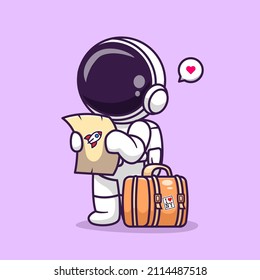 Cute Astronaut Travelling With Map And Suitcase Cartoon Vector Icon Illustration. Science Travel Icon Concept Isolated Premium Vector. Flat Cartoon Style