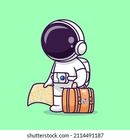 Cute Astronaut Travelling With Map And Suitcase Cartoon Vector Icon Illustration. Science Travel Icon Concept Isolated Premium Vector. Flat Cartoon Style