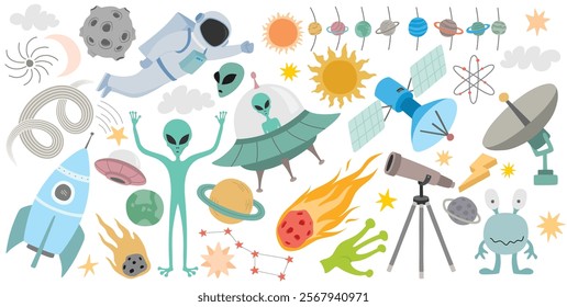 Cute, Astronaut, Ufo, Rocket, Alien, Planet, Outer space, Satellite, Cosmos, Telescope and other design elements  isolated on white background.