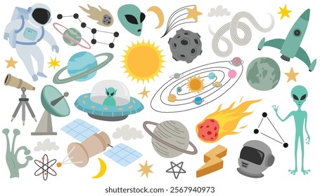 Cute, Astronaut, Ufo, Rocket, Alien, Planet, Outer space, Satellite, Cosmos, Galaxy, Telescope and other design elements  isolated on white background.