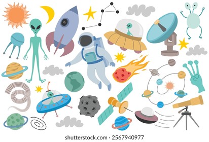 Cute, Astronaut, Ufo, Rocket, Alien, Planet, Outer space, Satellite, Cosmos, Telescope and other design elements  isolated on white background.