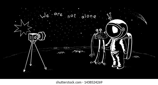 Cute astronaut and ufo vector characters posing for selfie shot. Spaceman adventure in the galaxy concept illustration 