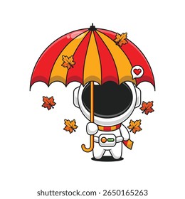 Cute astronaut with umbrella in autumn cartoon vector illustration