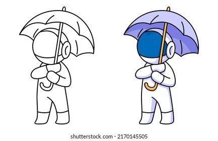 cute astronaut with umbrella coloring page for kids