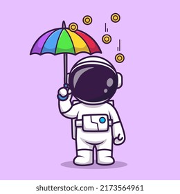 Cute Astronaut With Umbrella In Gold Coin Rain Cartoon Vector Icon Illustration. Science Business Icon Concept Isolated Premium Vector. Flat Cartoon Style
