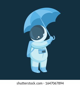 Cute astronaut with umbrella, staying spaceman, vector illustration