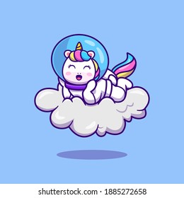 Cute Astronaut Unicorn Laying On Cloud Cartoon Vector Icon Illustration. Animal Science Icon Concept Isolated Premium Vector. Flat Cartoon Style