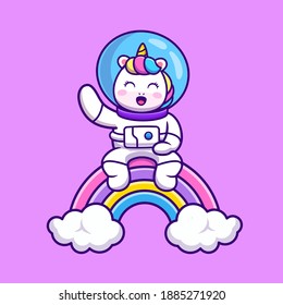 Cute Astronaut Unicorn Sitting On Rainbow Cartoon Vector Icon Illustration. Animal Science Icon Concept Isolated Premium Vector. Flat Cartoon Style