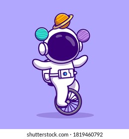 Cute Astronaut With Unicycle Bike And Planets Cartoon Vector Icon Illustration. People Technology Icon Concept Isolated Premium Vector. Flat Cartoon Style