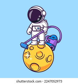 Cute Astronaut Vacuum Cleaner Moon Cartoon Vector Icon Illustration. Science Technology Icon Concept Isolated Premium Vector. Flat Cartoon Style