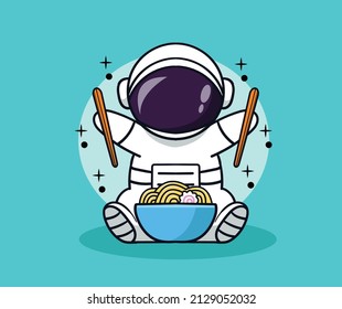 cute astronaut vector icon illustration eating ramen