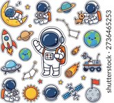 Cute Astronaut Vector Sticker. Friendly cartoon spaceman character in floating pose isolated.