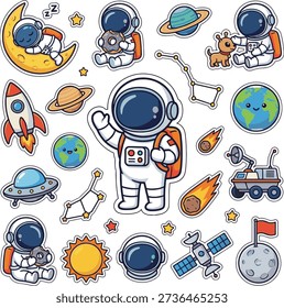 Cute Astronaut Vector Sticker. Friendly cartoon spaceman character in floating pose isolated.