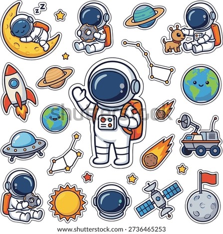 Cute Astronaut Vector Sticker. Friendly cartoon spaceman character in floating pose isolated.