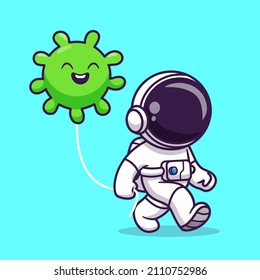 Astronauta Cuta Con Ilustración Del Icono Del Vector De Caricatura De Un Globo De Virus. Concepto de icono de la tecnología de la ciencia Vector Premium aislado. Estilo de dibujo plano